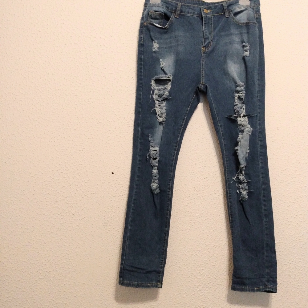 Shein Blue White Distressed Zip Pockets Button High Rise Jeans sz XL